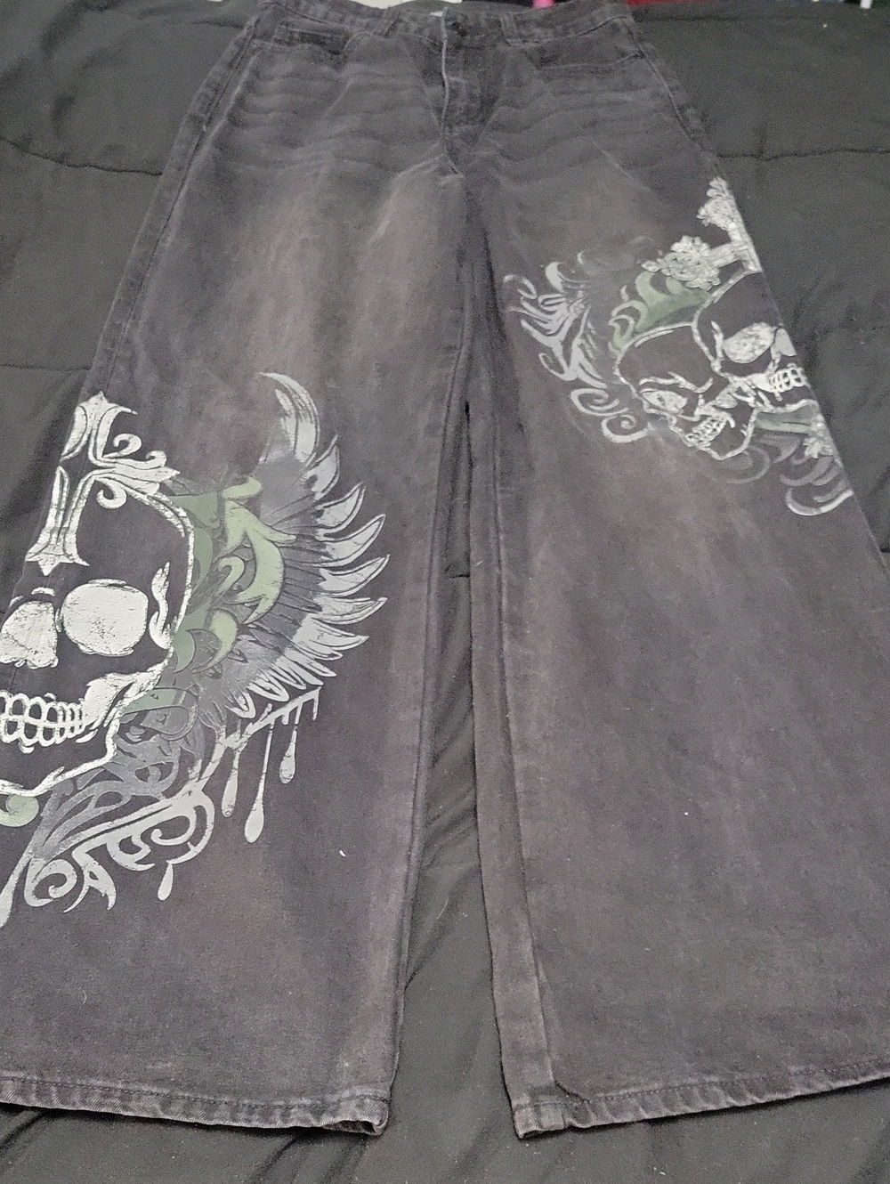 Social Collision Size 5 Black Denim Wide Leg With Skulls Jeans
